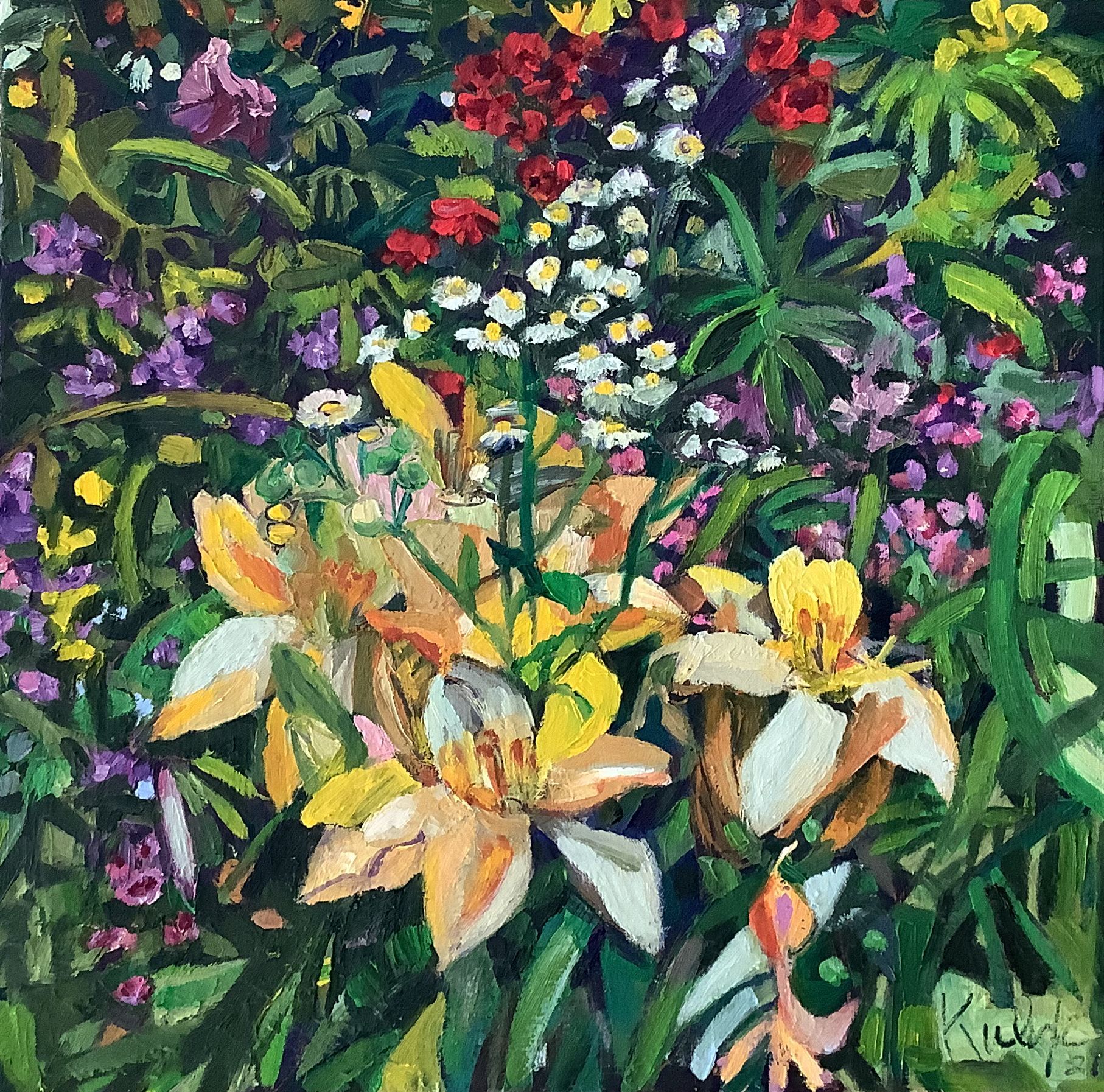 ©Karen Kulyk - A vibrant garden of yellow and white lilies, purple and red flowers amidst green foliage.