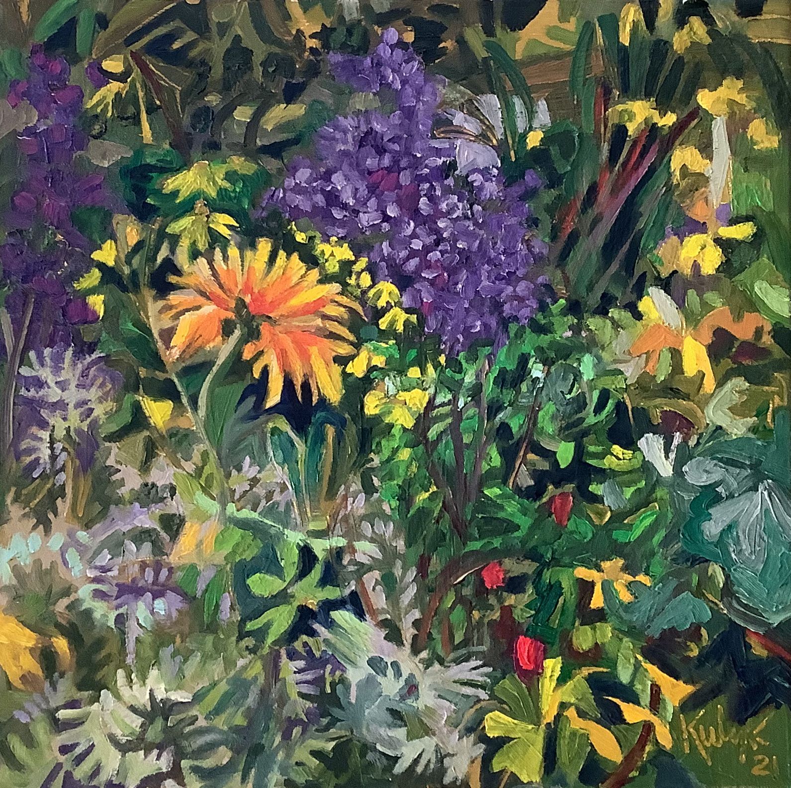 ©Karen Kulyk - Lush garden painting with purple, yellow, and orange flowers amidst green foliage.