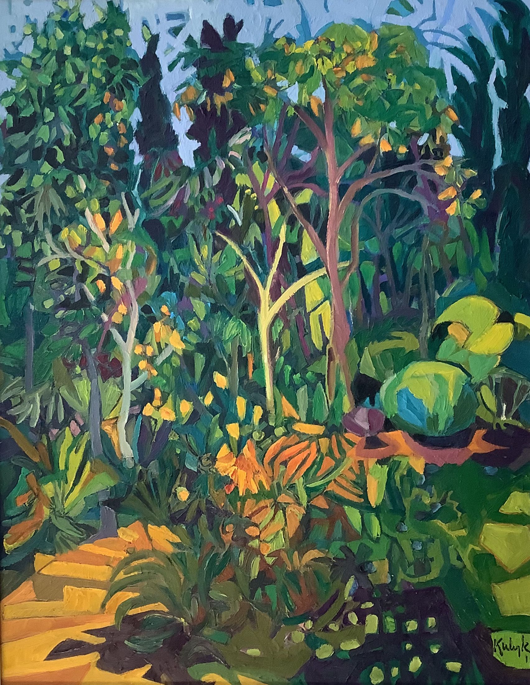 ©Karen Kulyk - Lush green garden scene with trees and foliage, bathed in sunlight; oranges and yellows.
