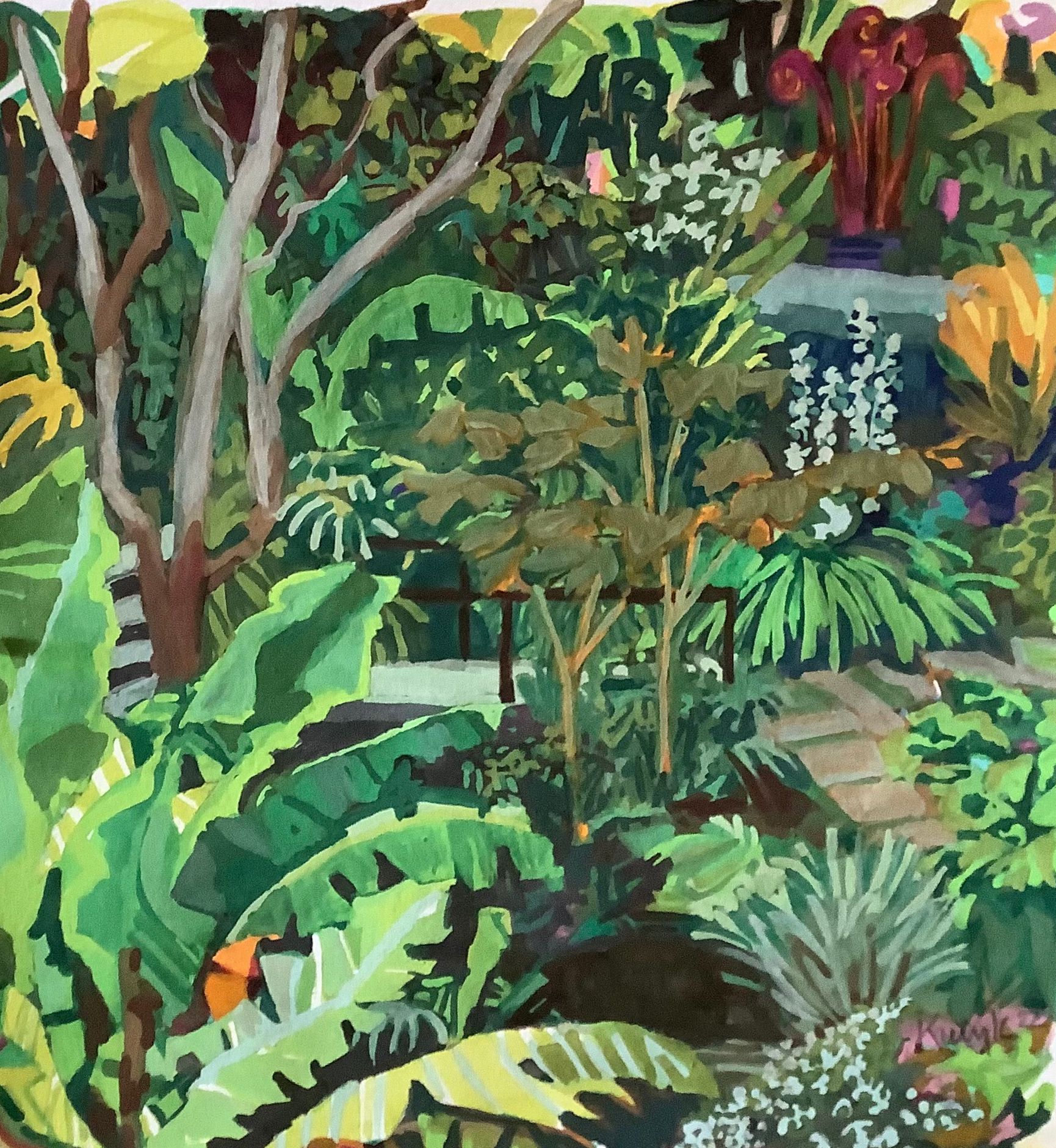 ©Karen Kulyk - Lush green garden scene with trees, plants, and glimpses of flowers.