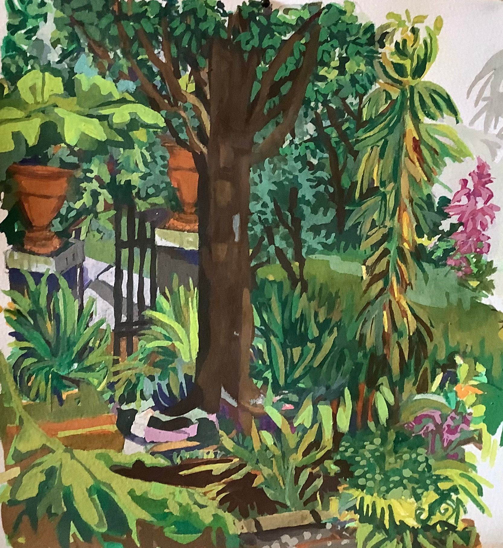 ©Karen Kulyk - A garden scene with a brown tree, lush green foliage, and terracotta pots.