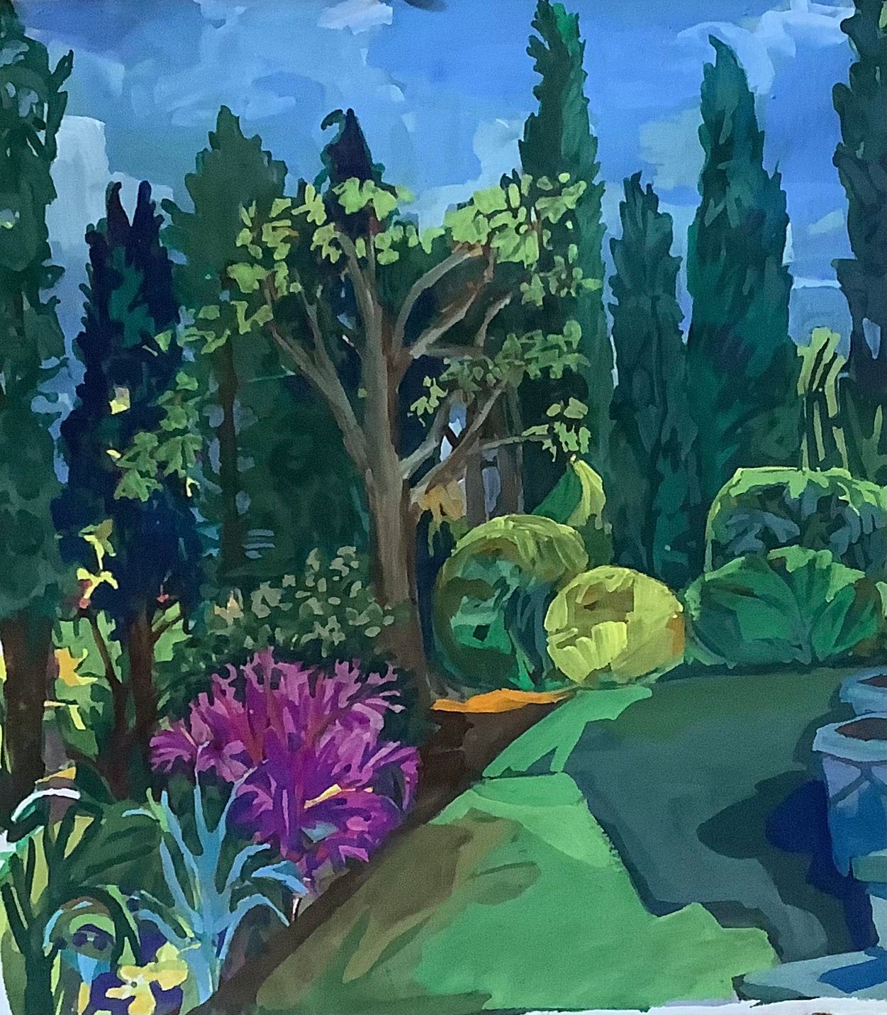 ©Karen Kulyk - A vibrant garden scene with trees, purple flowers, and green shrubbery under a blue sky.