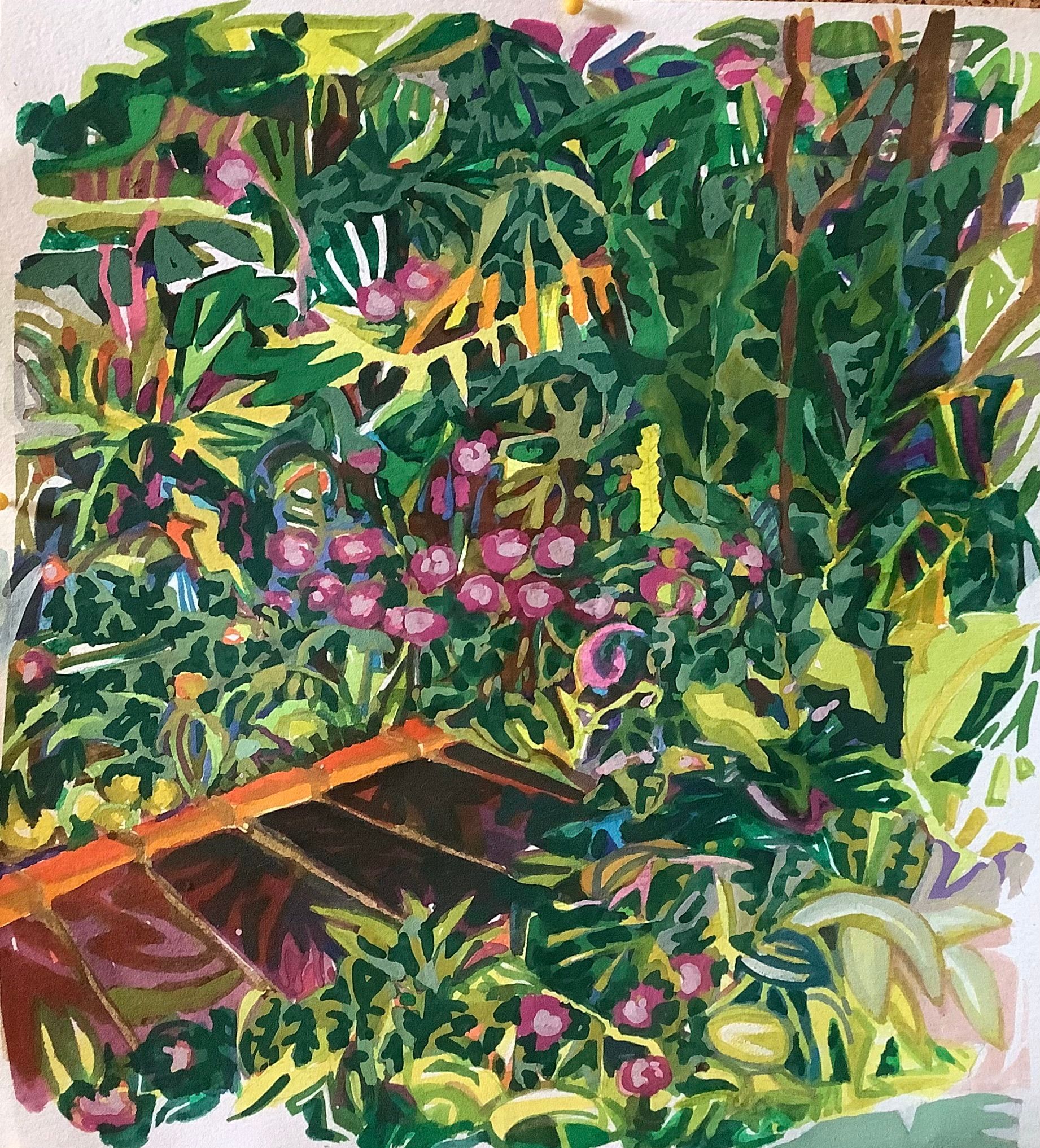 ©Karen Kulyk - Garden scene with vibrant green foliage, pink flowers, and a brown, angled roof.
