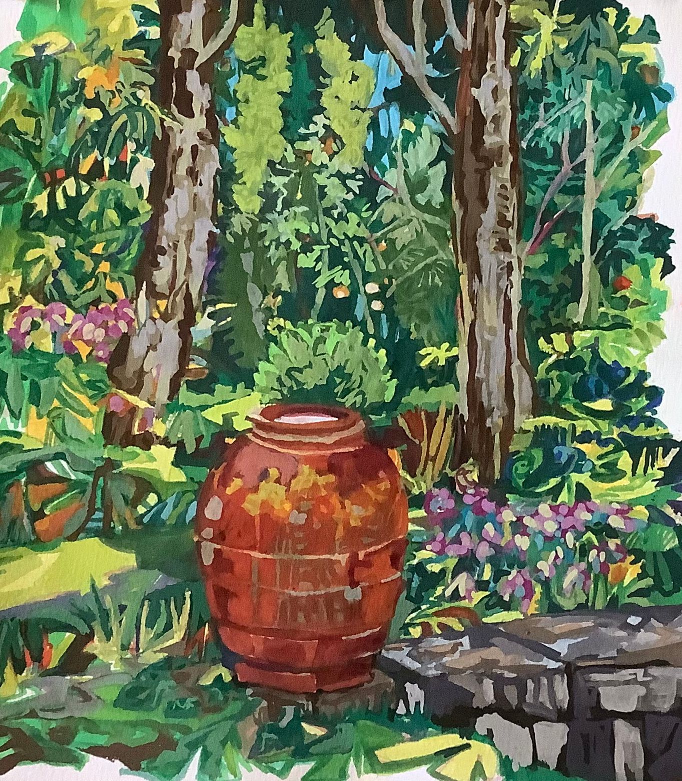 ©Karen Kulyk - A reddish-brown ceramic pot in a lush garden, with trees and colorful flowers.