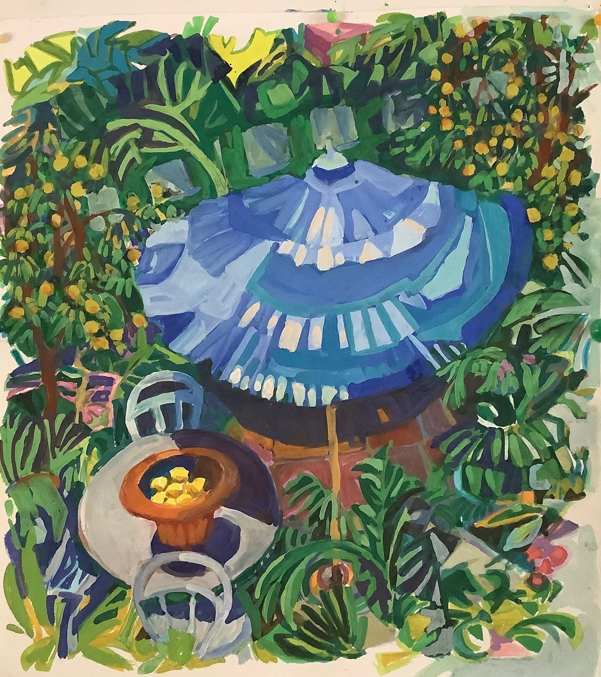 ©Karen Kulyk - Blue umbrella over a table in a lush, green garden setting; yellow fruits, abstract style.