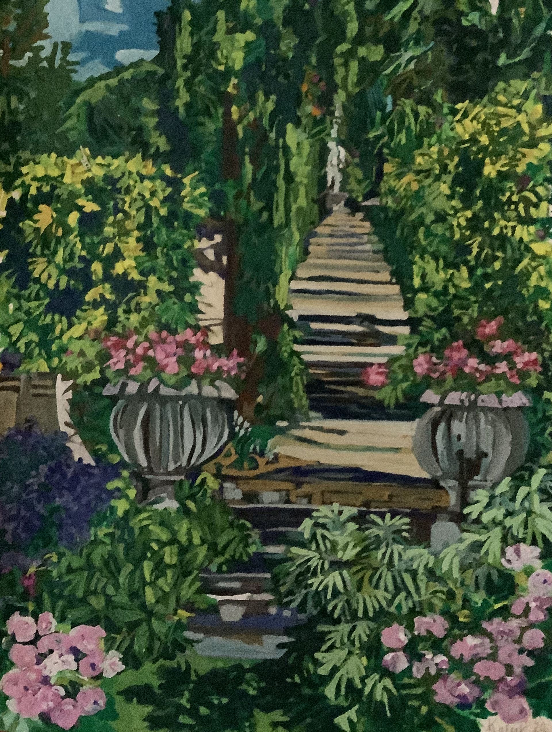 ©Karen Kulyk - Stone pathway through lush garden with flowers and urns.