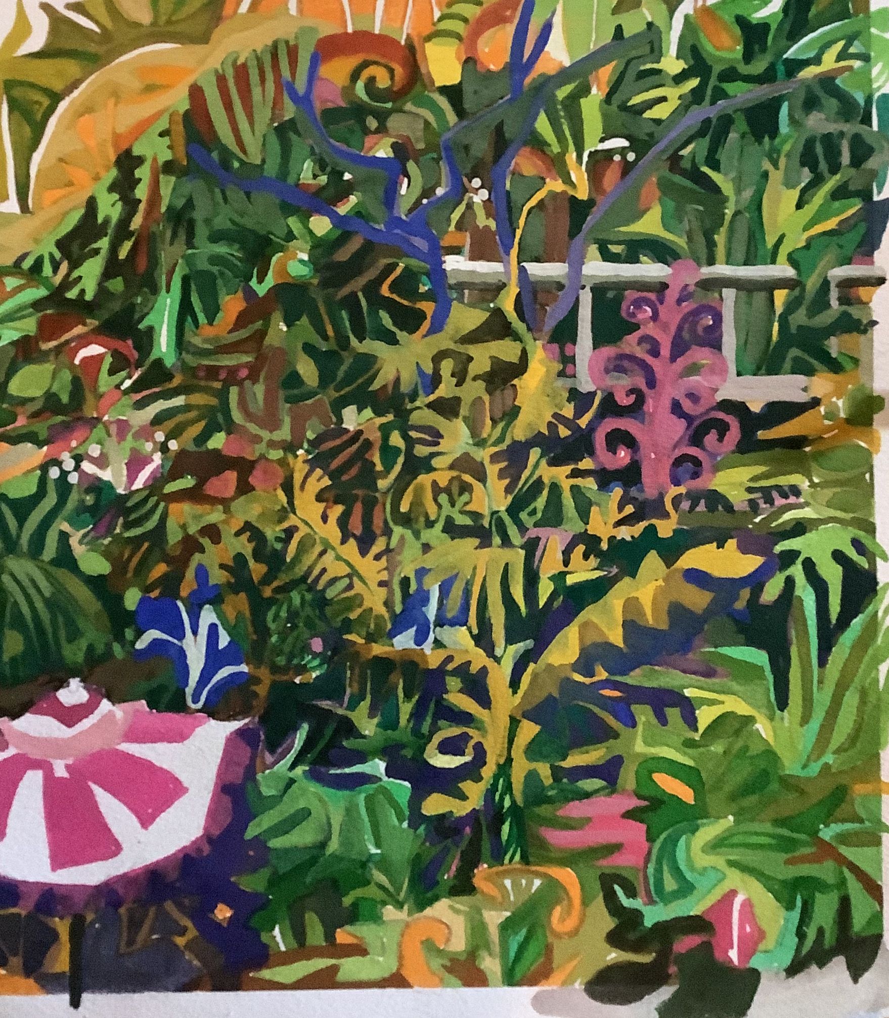 ©Karen Kulyk - Lush garden scene with vibrant greens, yellows, blues, and pinks. A white railing.