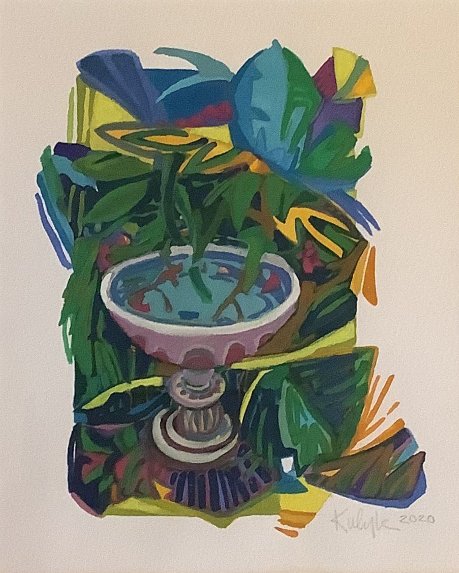 ©Karen Kulyk - Colorful abstract painting of a bird bath surrounded by lush foliage. Blues, greens, and yellows dominate.