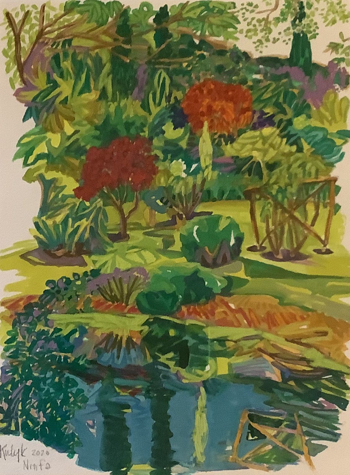 ©Karen Kulyk - Colorful watercolor of a garden with trees, bushes, and a small pond reflecting the foliage.