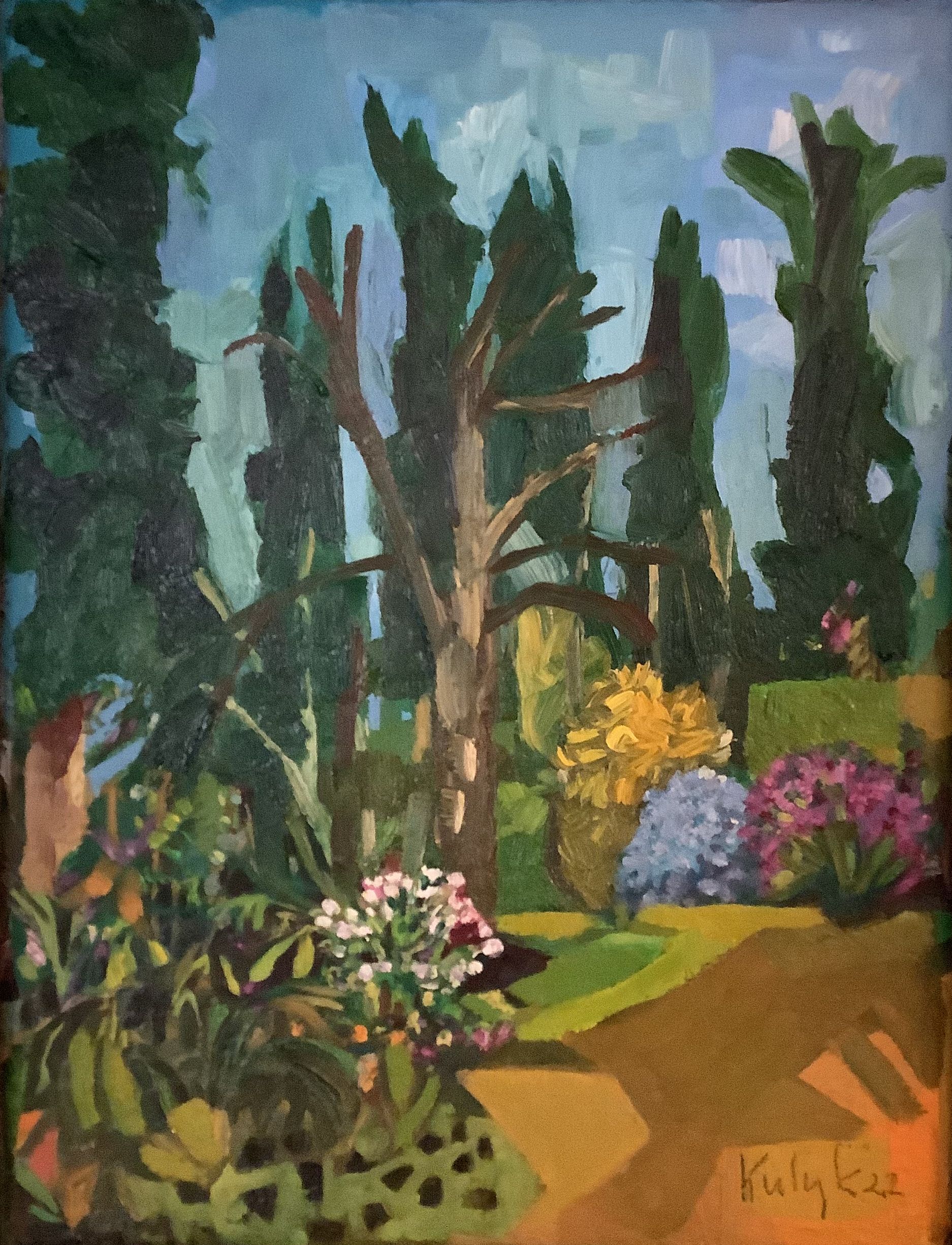 ©Karen Kulyk - Garden scene: Tall green trees, colorful flowers, path, and a blue sky.