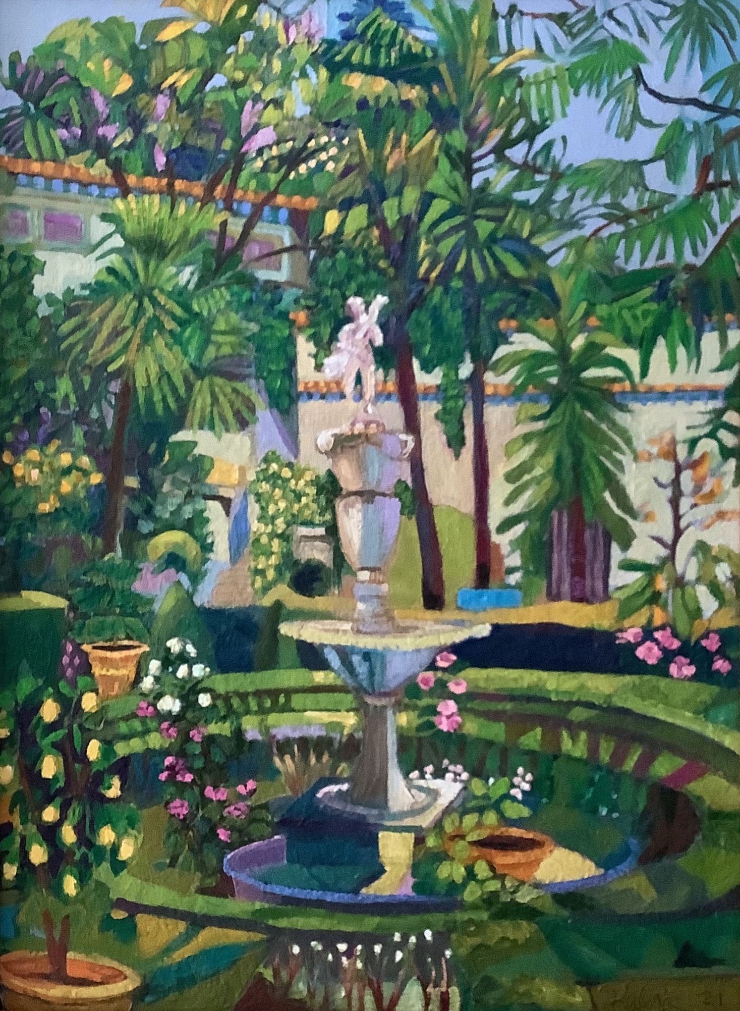 ©Karen Kulyk - A lush garden with a fountain, statues, and vibrant green foliage.