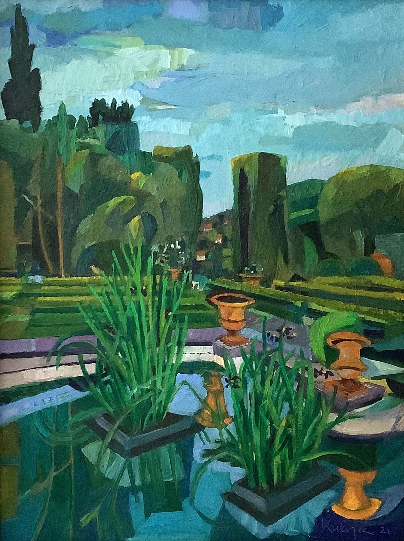 ©Karen Kulyk - A painting of a garden with a reflecting pool, greenery, and classical architecture under a blue sky.