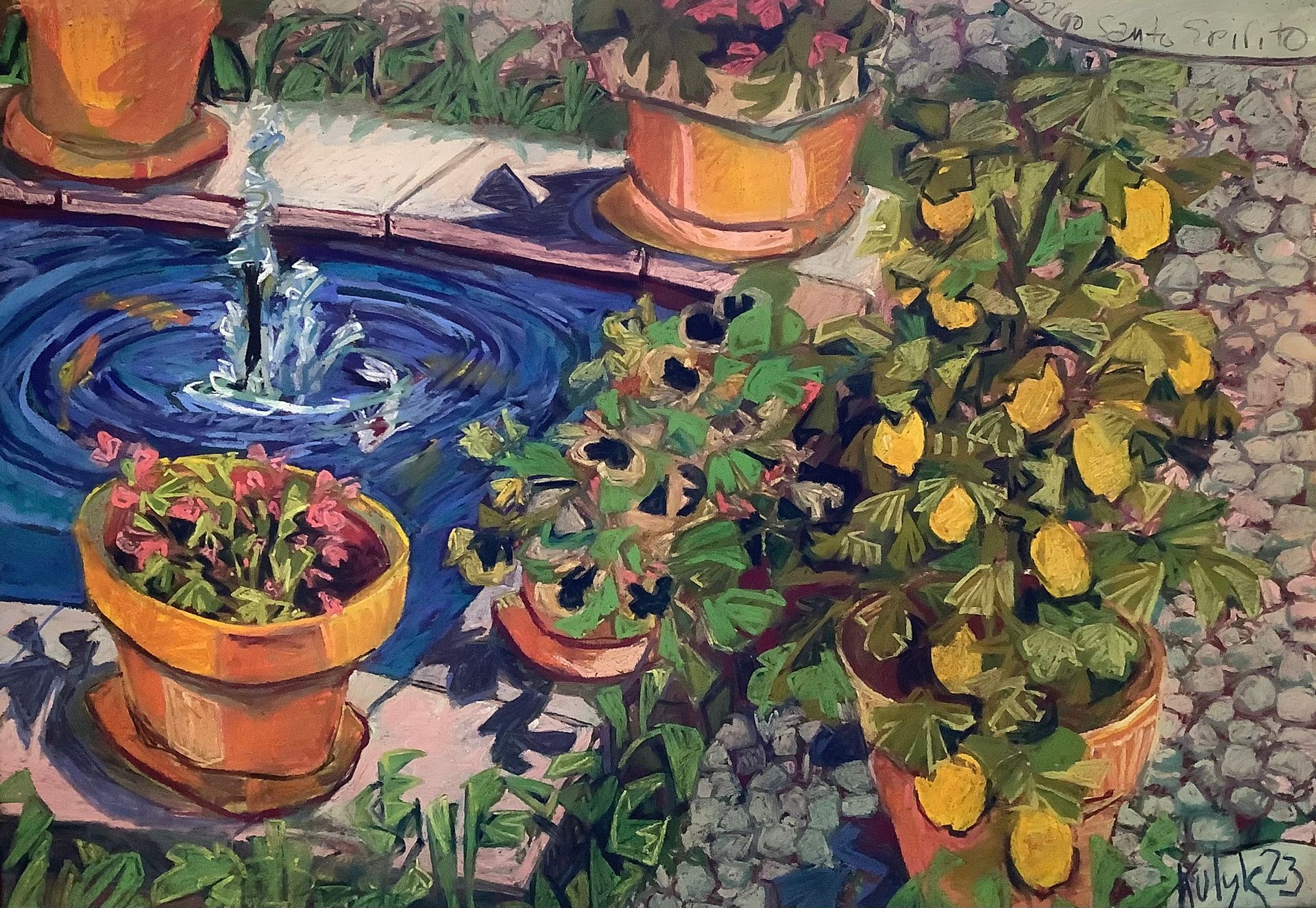 ©Karen Kulyk - A sunny garden scene featuring a fountain, potted plants, and a gravel path.