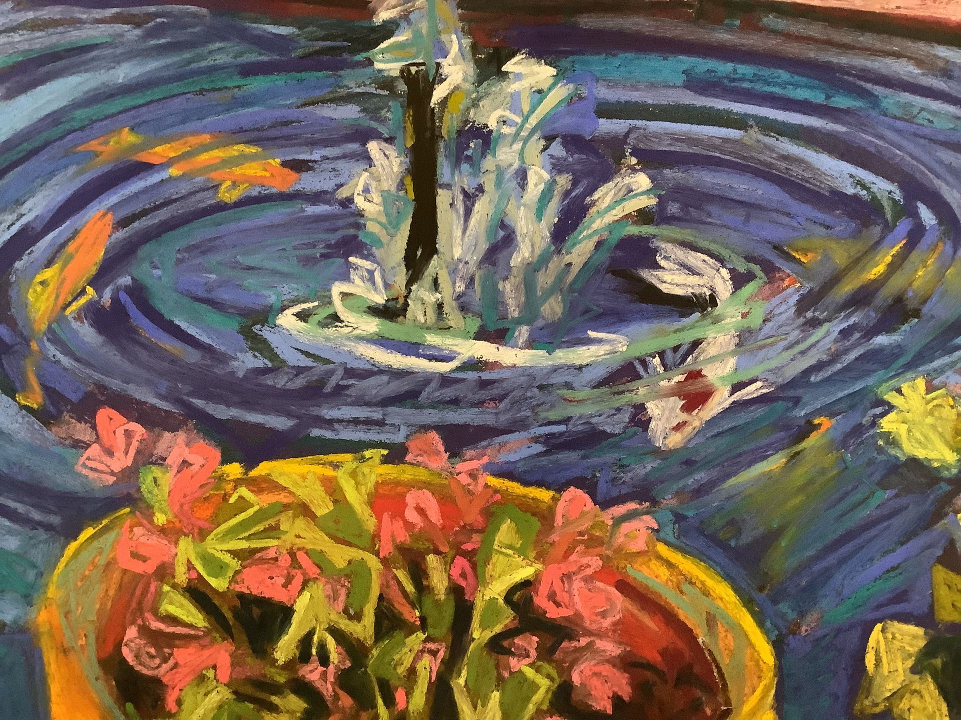 ©Karen Kulyk - Painting of a pond with a fountain, koi fish, and a pot of pink flowers; blue and green hues.