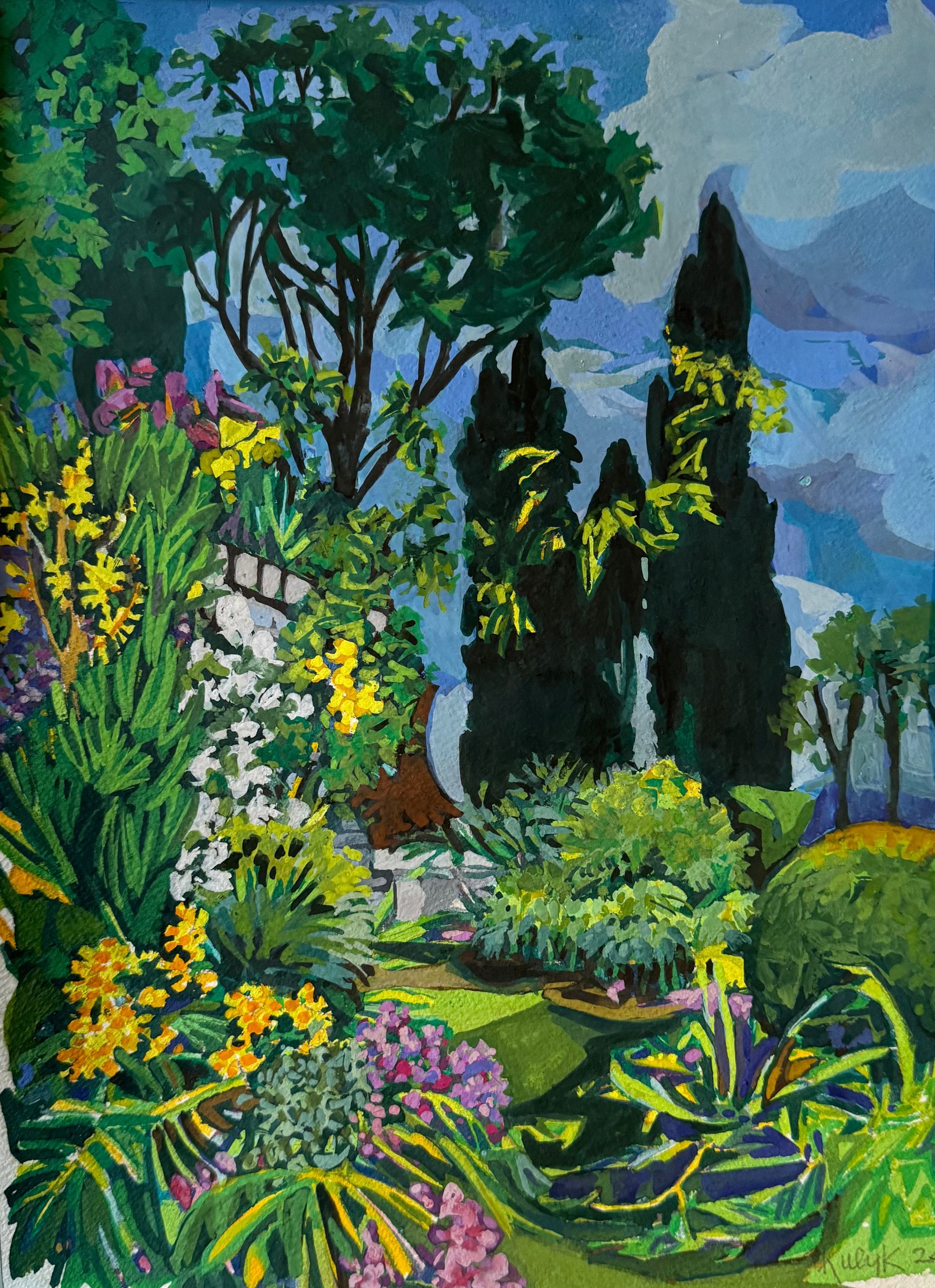 ©Karen Kulyk - Garden scene with vibrant flowers, trees, and a path leading to a house against a blue sky.
