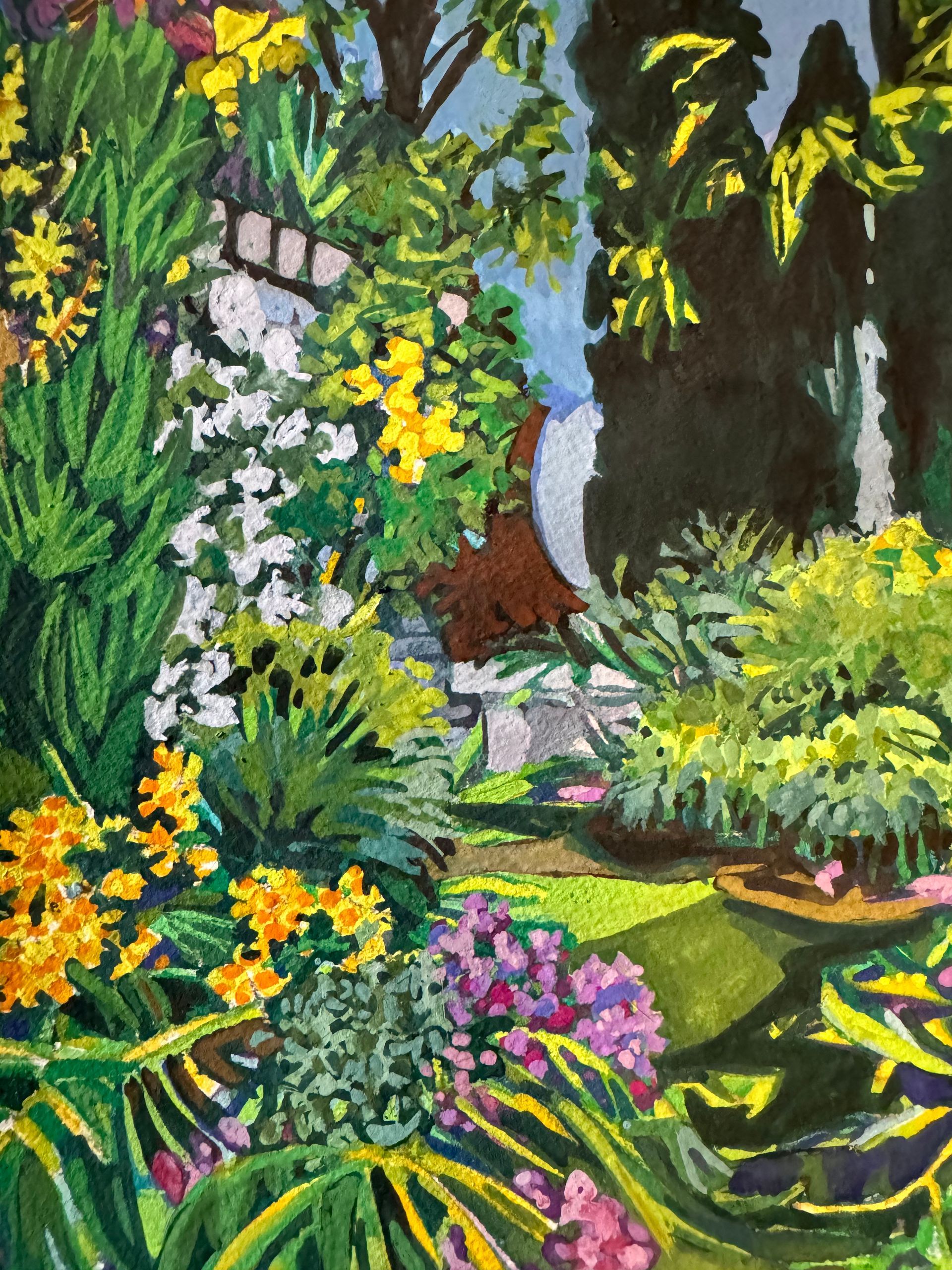 ©Karen Kulyk - Vibrant garden painting with yellow, white, and pink flowers, trees, and a glimpse of a white building.