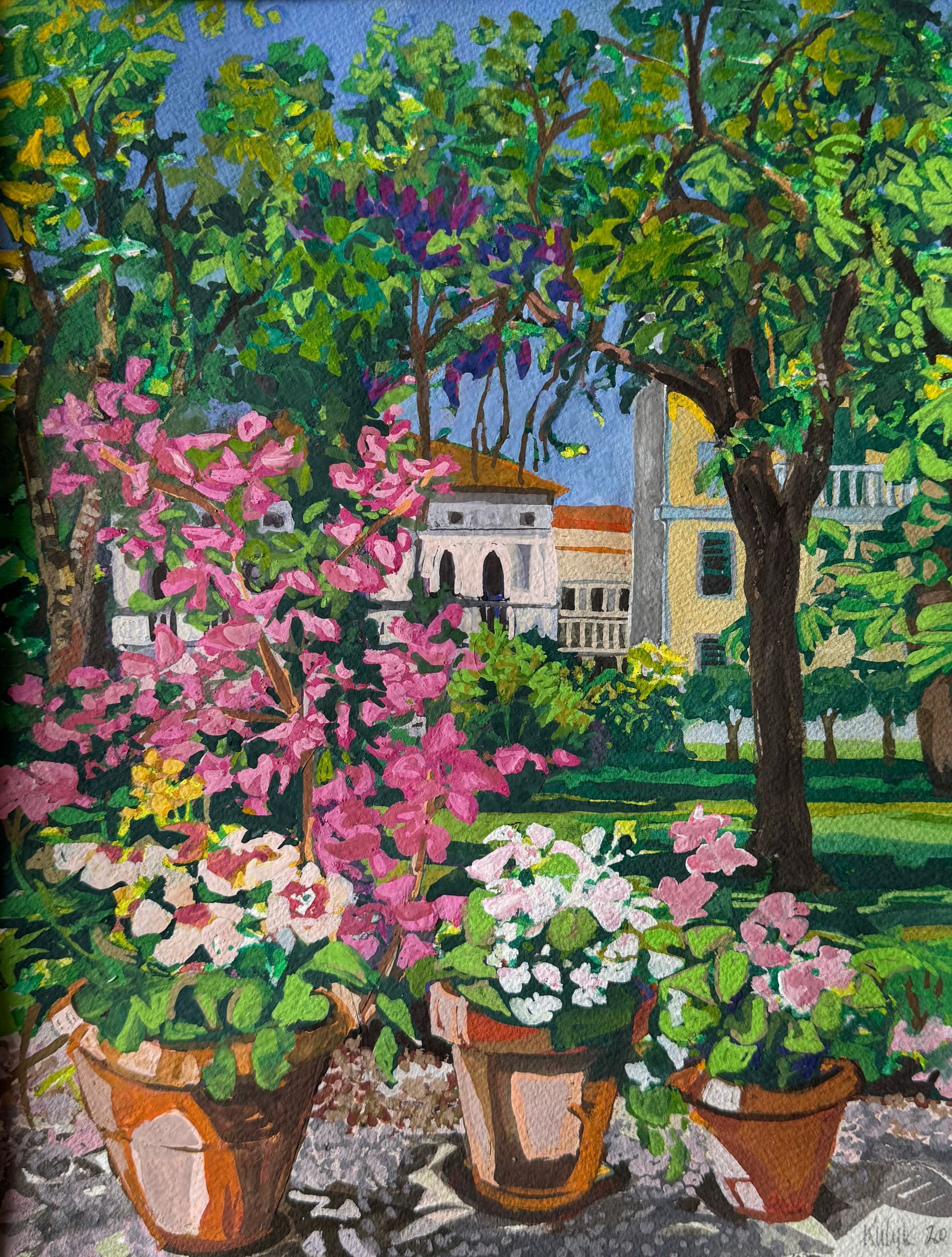 ©Karen Kulyk - A garden scene with flowerpots in the foreground and buildings visible beyond the trees; sunny day.