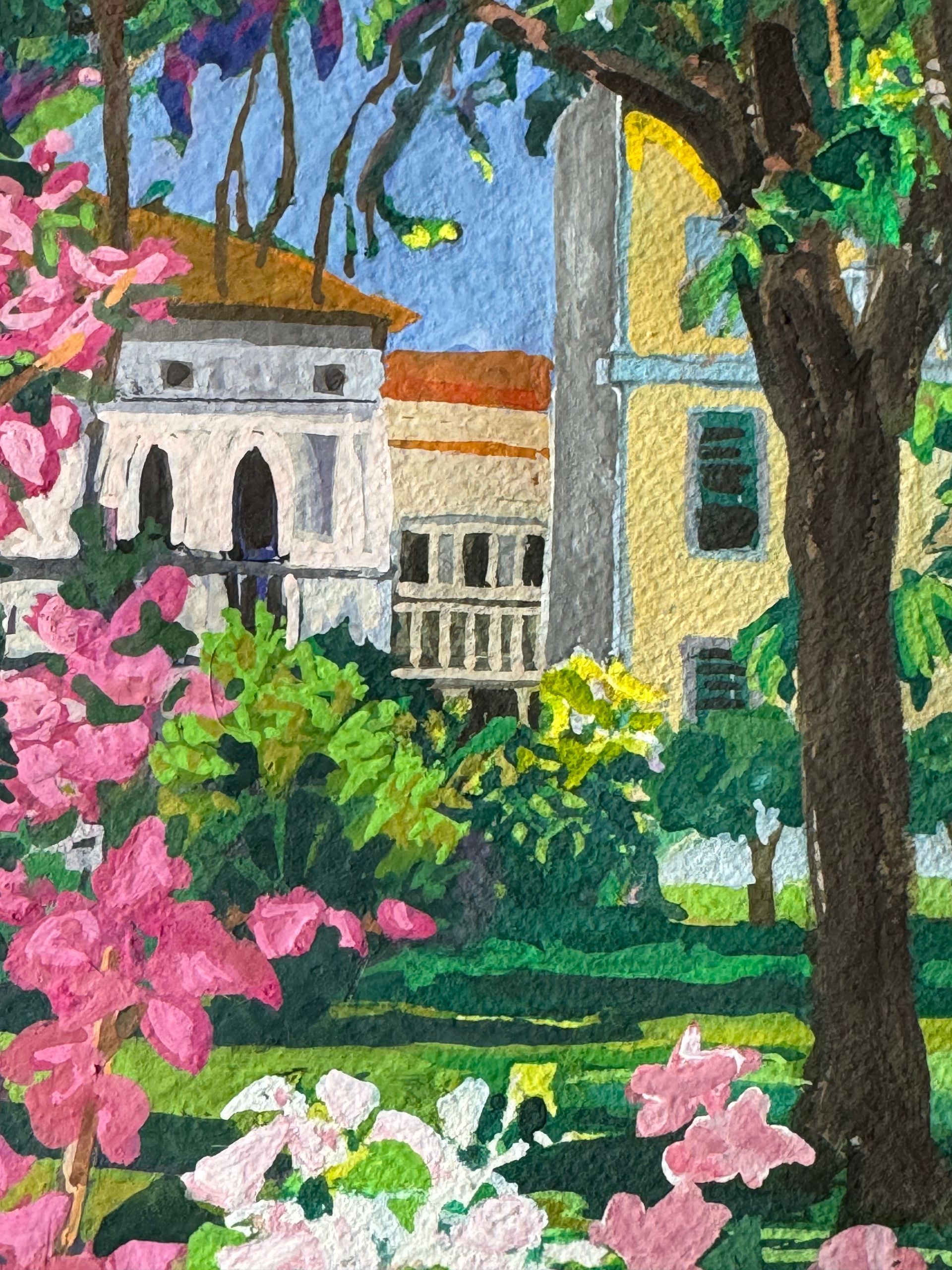 ©Karen Kulyk - Colorful painting of buildings and blooming flowers in a garden.