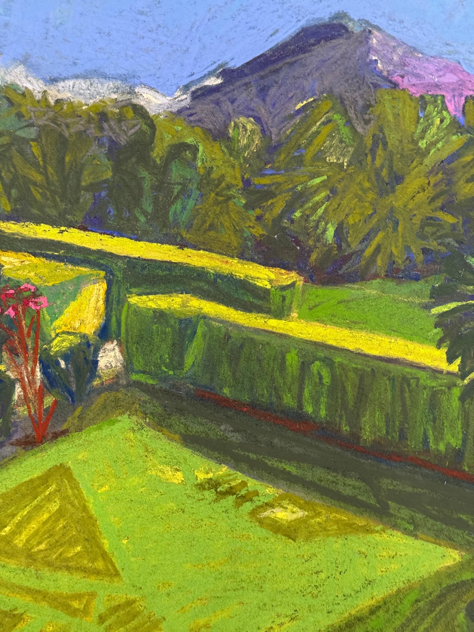 ©Karen Kulyk - Pastel drawing of a garden maze with trimmed hedges, green lawns, and a mountain backdrop.