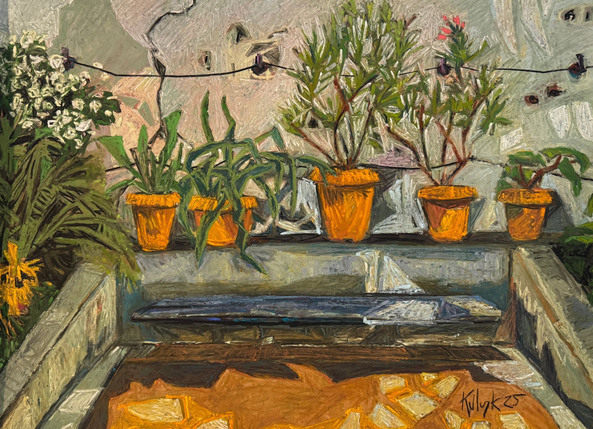 ©Karen Kulyk - Terracotta pots with plants on a ledge against a textured wall; shadows, earthy tones.