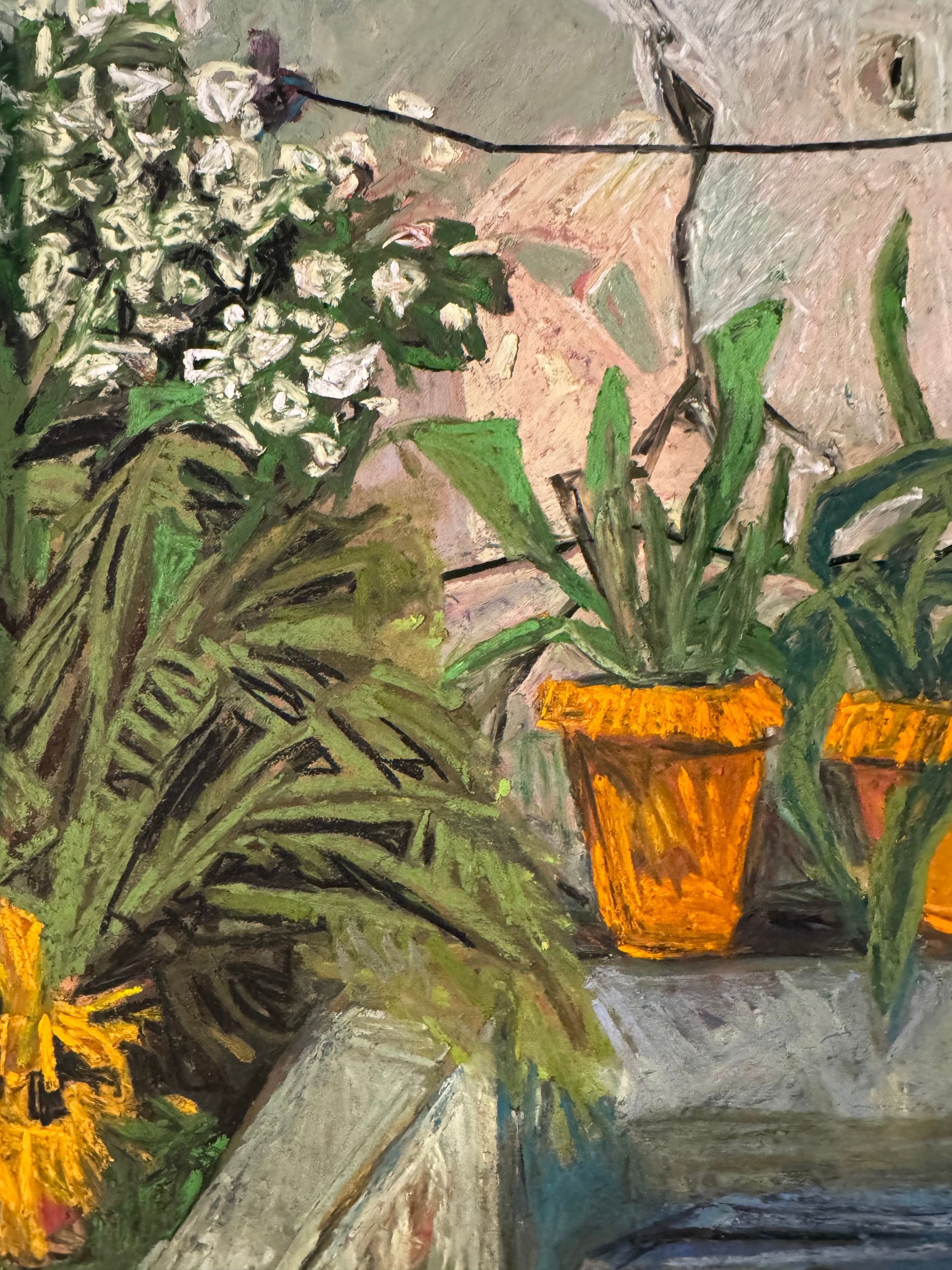©Karen Kulyk - Potted plants and white flowers on a balcony, lit with orange and green hues.