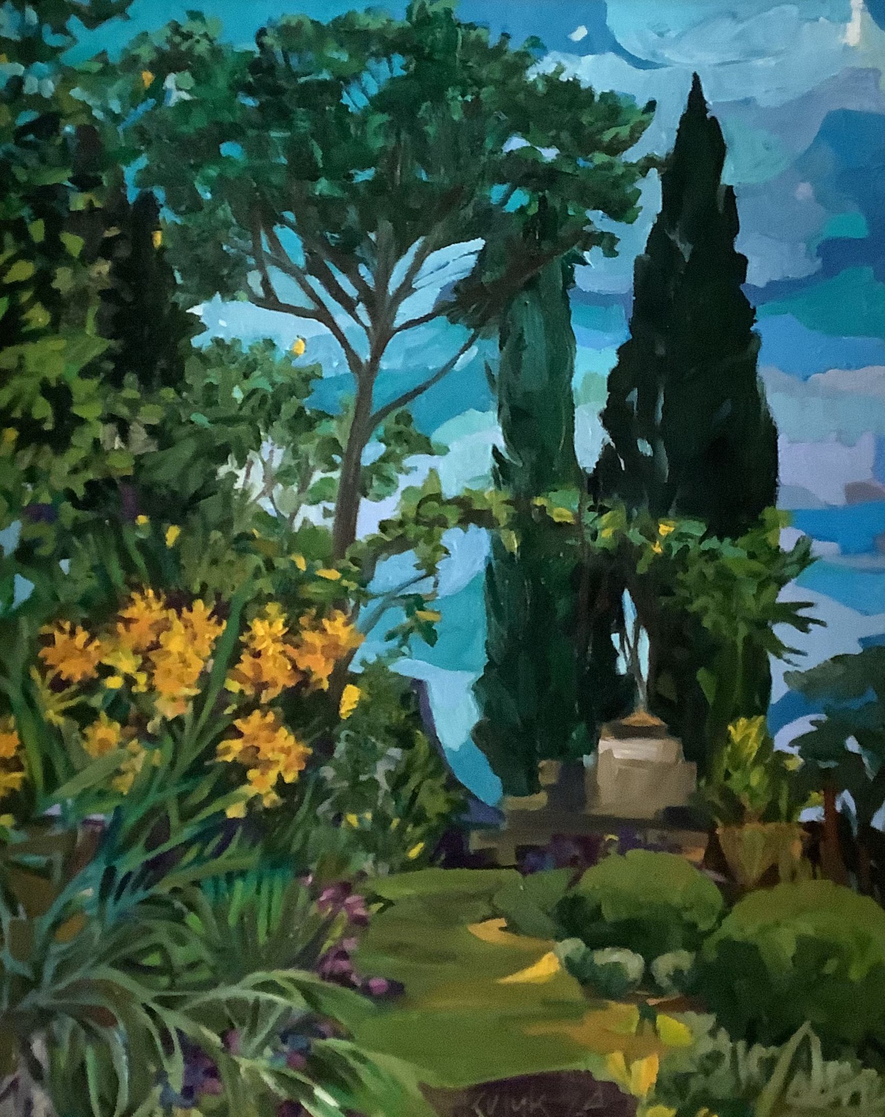 ©Karen Kulyk - Garden scene with trees, yellow flowers, and a blue sky.