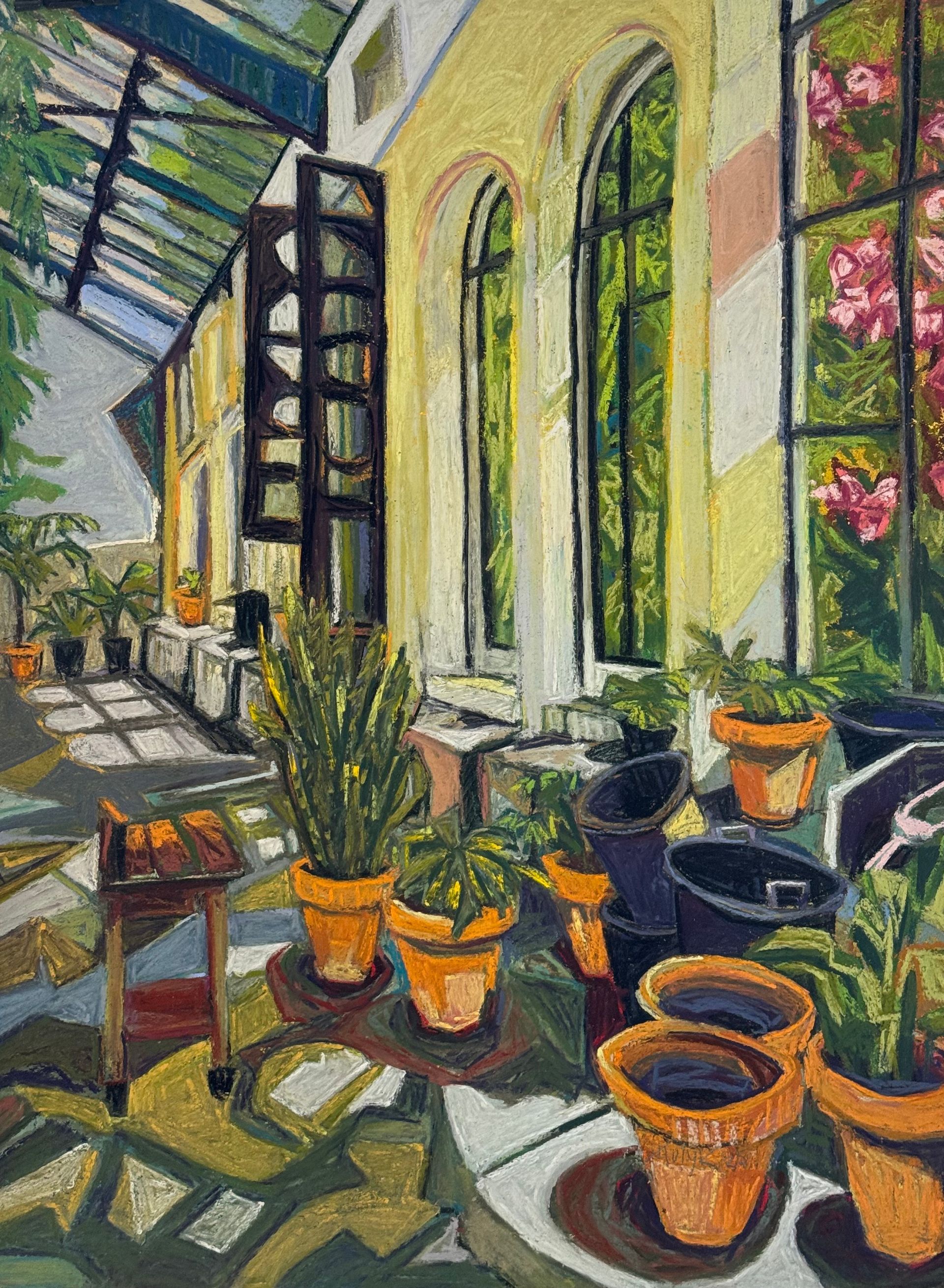 ©Karen Kulyk - Sunlit greenhouse interior with plants in terracotta pots. Long windows and a glass roof.