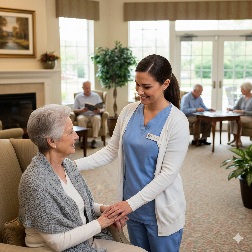 Caregiver assisting an elderly woman at home, symbolizing trusted senior home care and compassionate