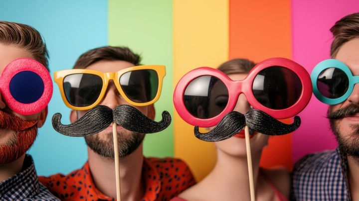 Close-up of people holding giant novelty sunglasses and mustaches.