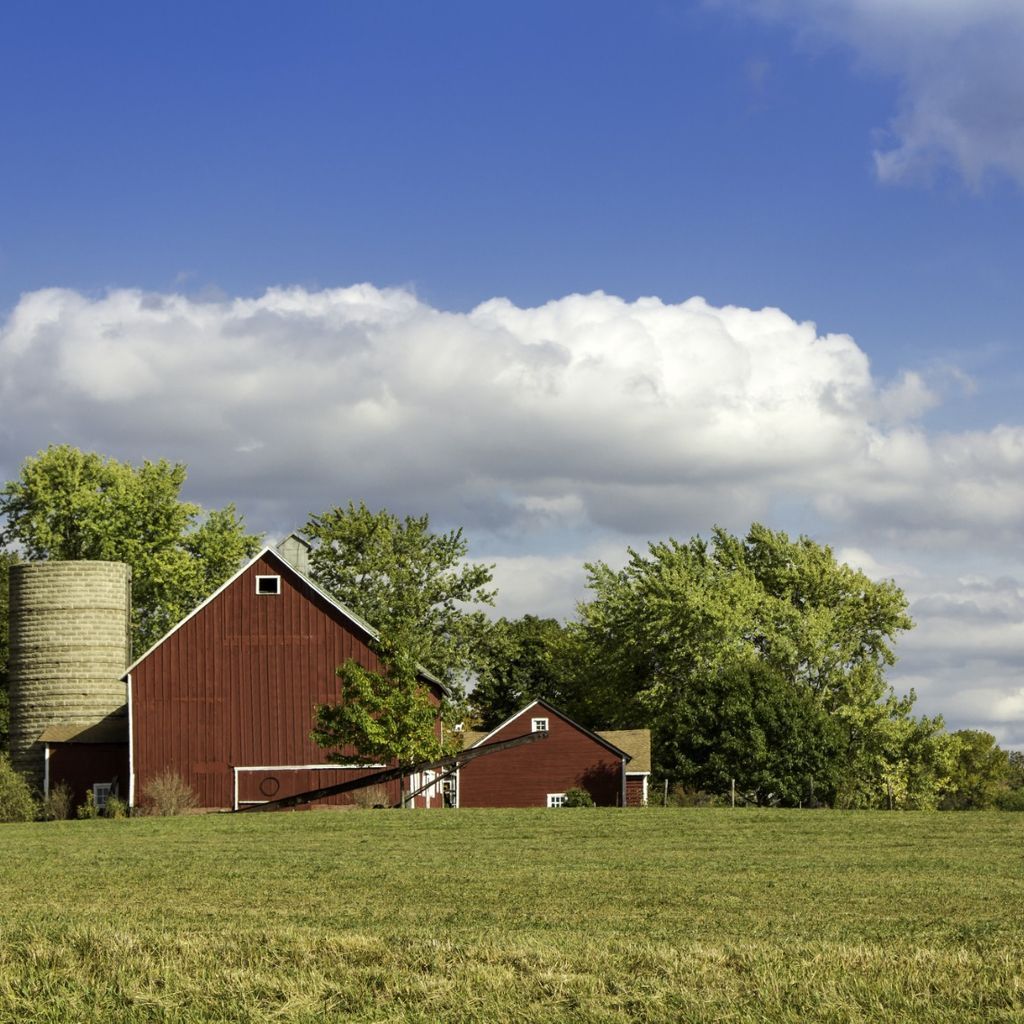A red barn sits in the middle of a grassy field