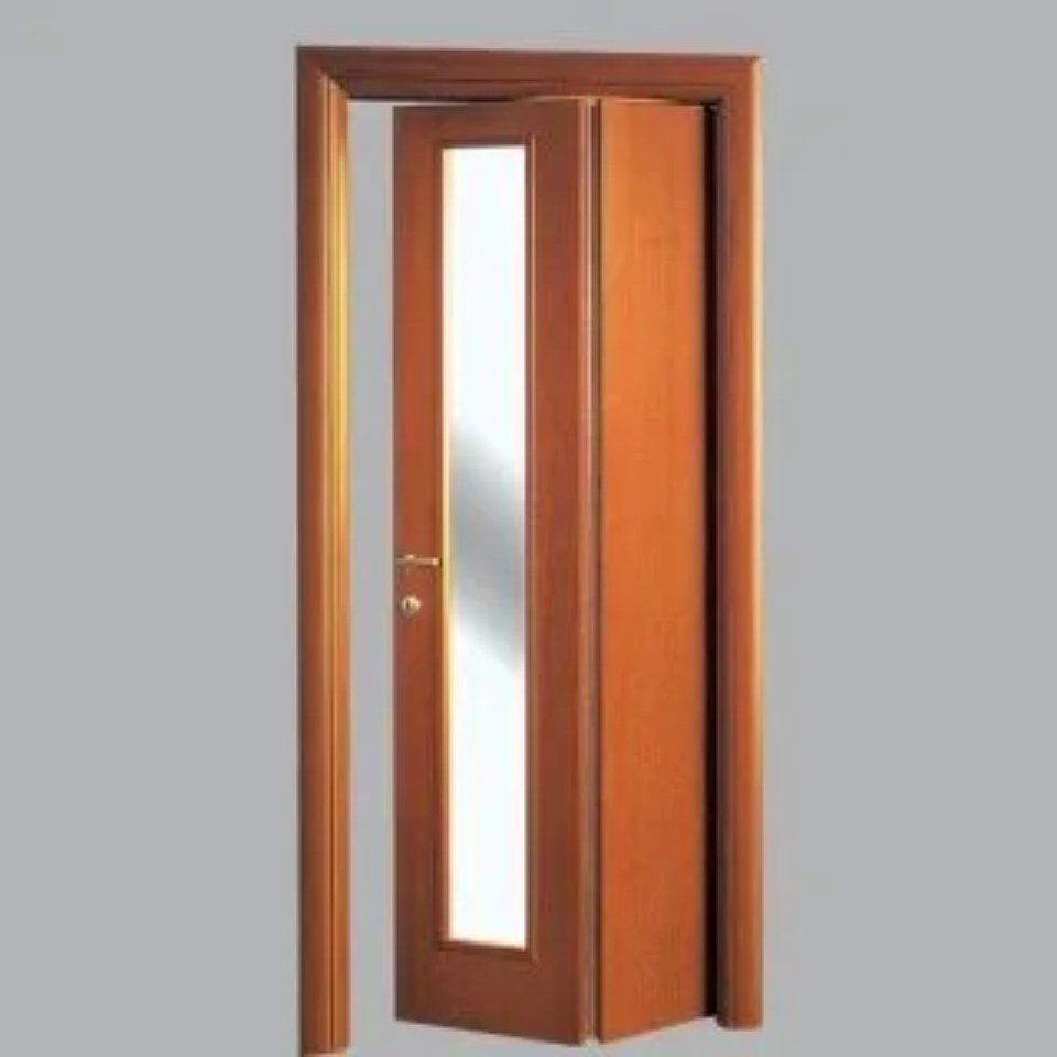 Porta pieghevole asimmetrica in noce. Ingombro ridotto diviso sui due lati