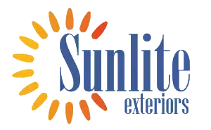 Sunlite Exteriors logo with a blue wordmark and yellow-orange sunburst icon