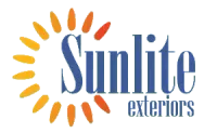 Sunlite Exteriors logo with a blue wordmark and yellow-orange sunburst icon