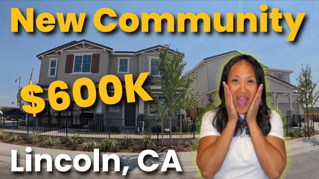 Woman excited in front of new houses in Lincoln, CA, price $600k.