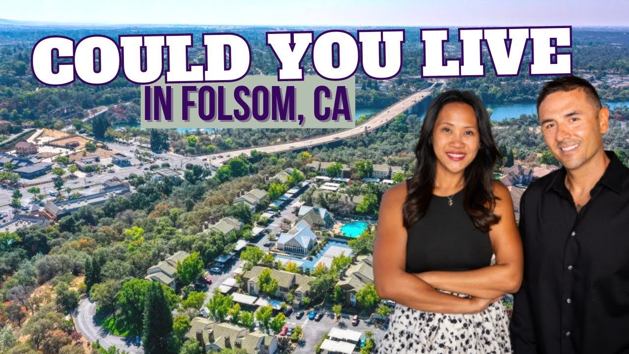 Couple standing in front of Folsom, CA, aerial view, with text