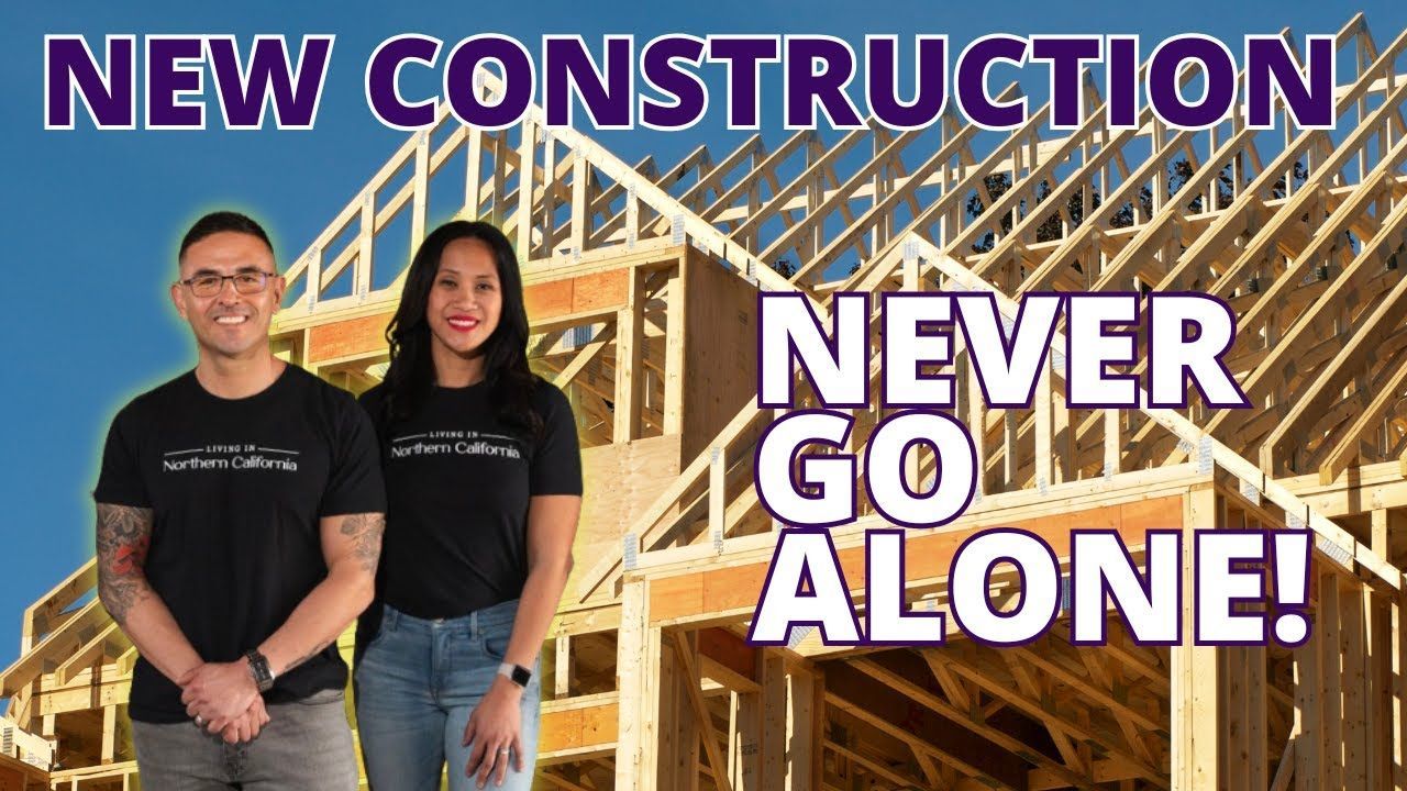 Man and woman standing in front of a new house under construction; text says 