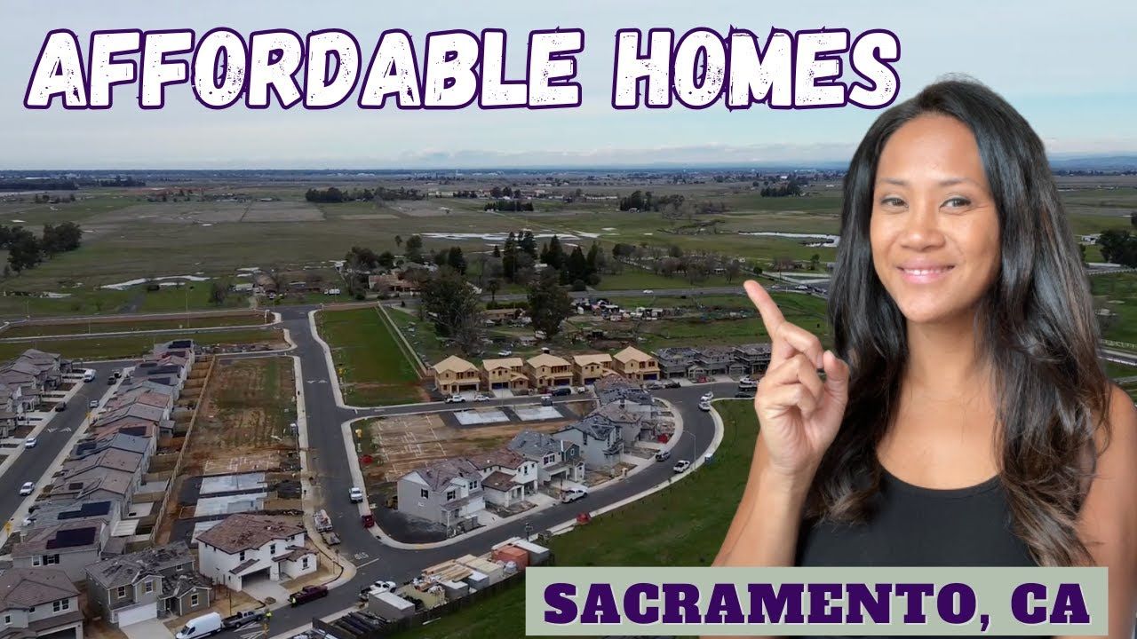 Woman pointing at housing development in Sacramento, CA. Text: