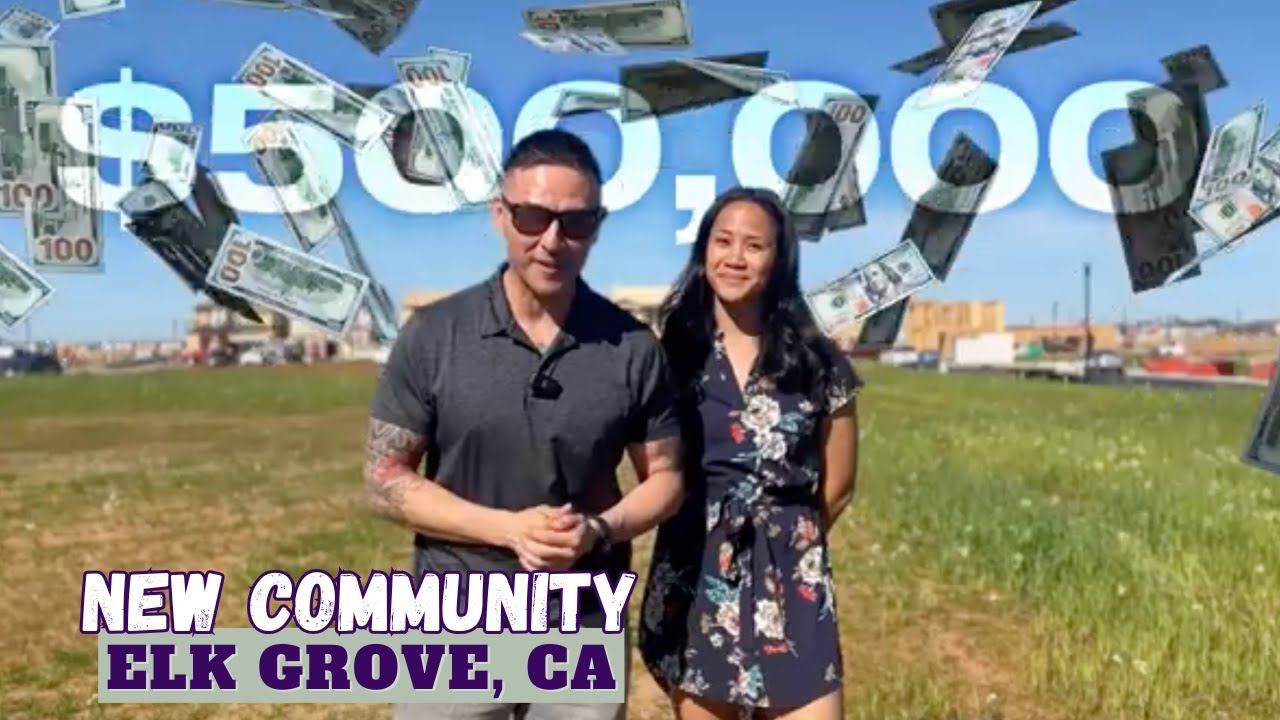 Man and woman in field with $500,000 graphic. New community in Elk Grove, CA. Money raining down.