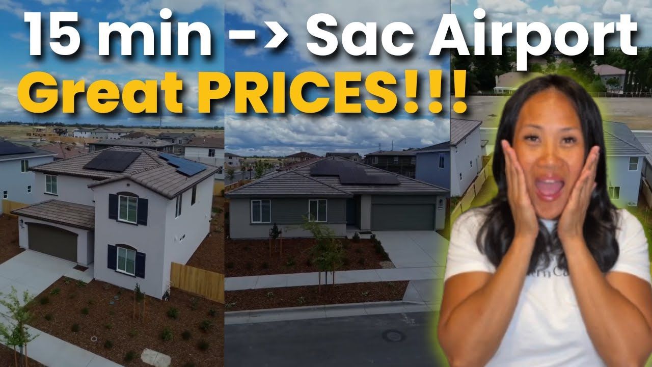 Real estate video promoting homes near Sacramento airport; houses and woman with excited expression.