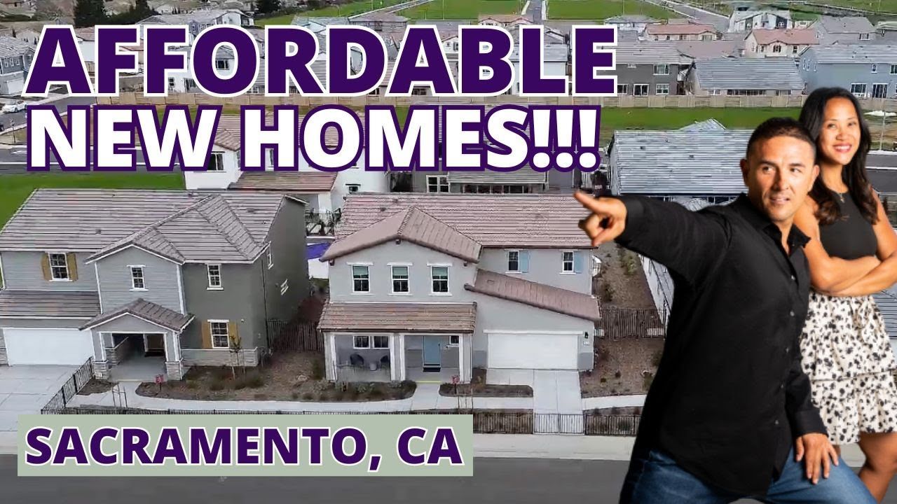 Man pointing at new homes in Sacramento, CA, with a woman. Text: