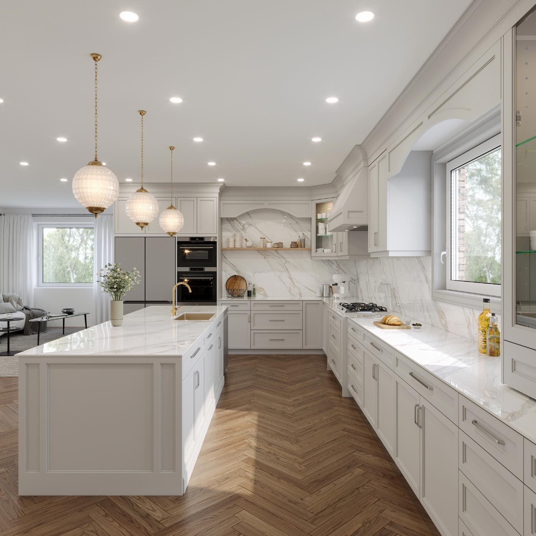 Spacious white kitchen with marble countertops, wooden floor, and hanging globe lights.