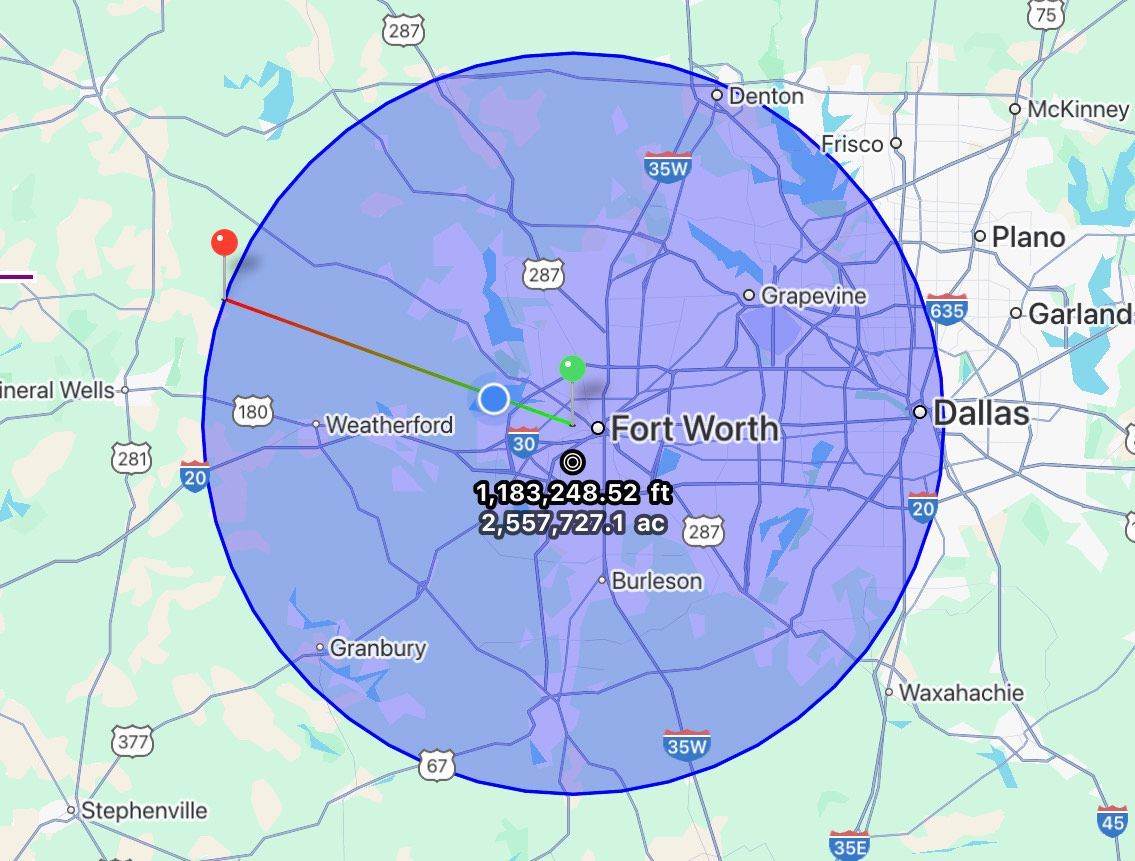 Map of the Dallas-Fort Worth area with a blue circle overlay, centered near downtown Fort Worth.