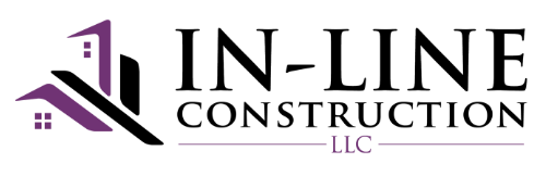 Logo for In-Line Construction LLC; features a building graphic with purple and black accents, and text.