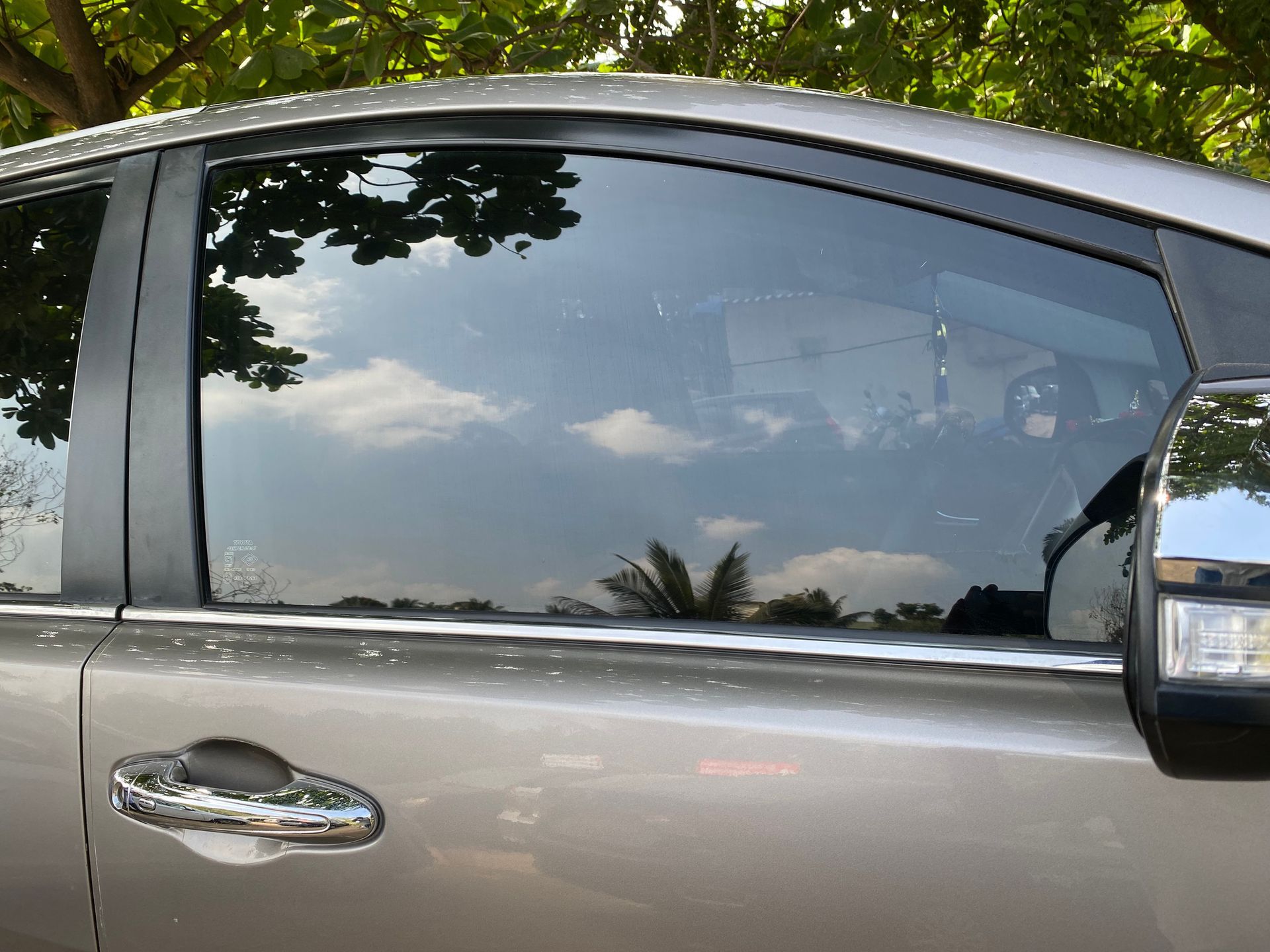 A car with a reflection of trees in the window.