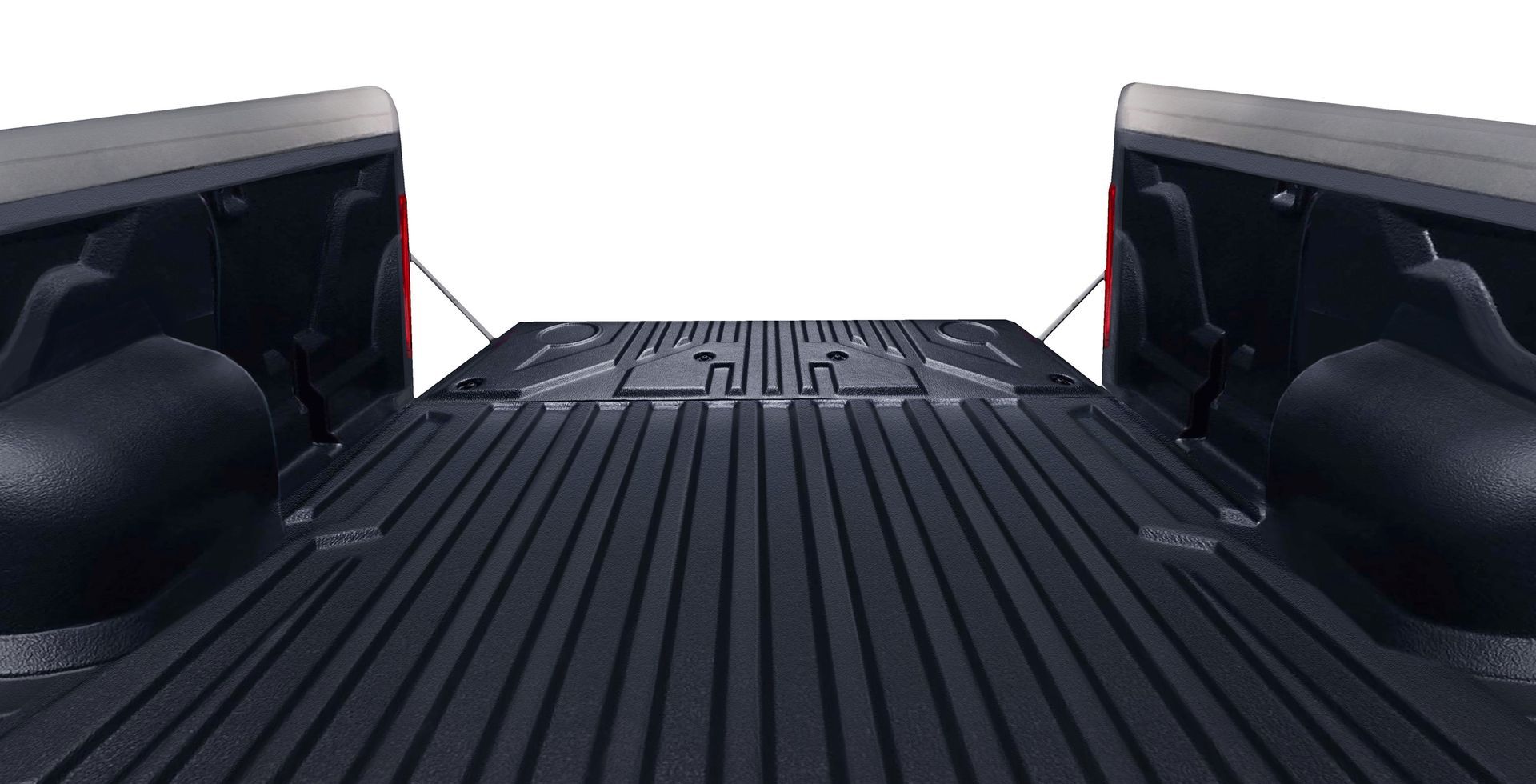 The back of a black truck with the bed open.