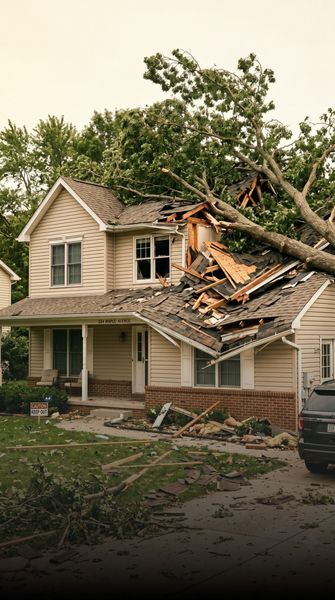 Damaged house with roof collapsed by fallen tree branch and debris scattered in the yard