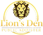 Lion's Den Public Adjusters logo with gold lion head and text on white background