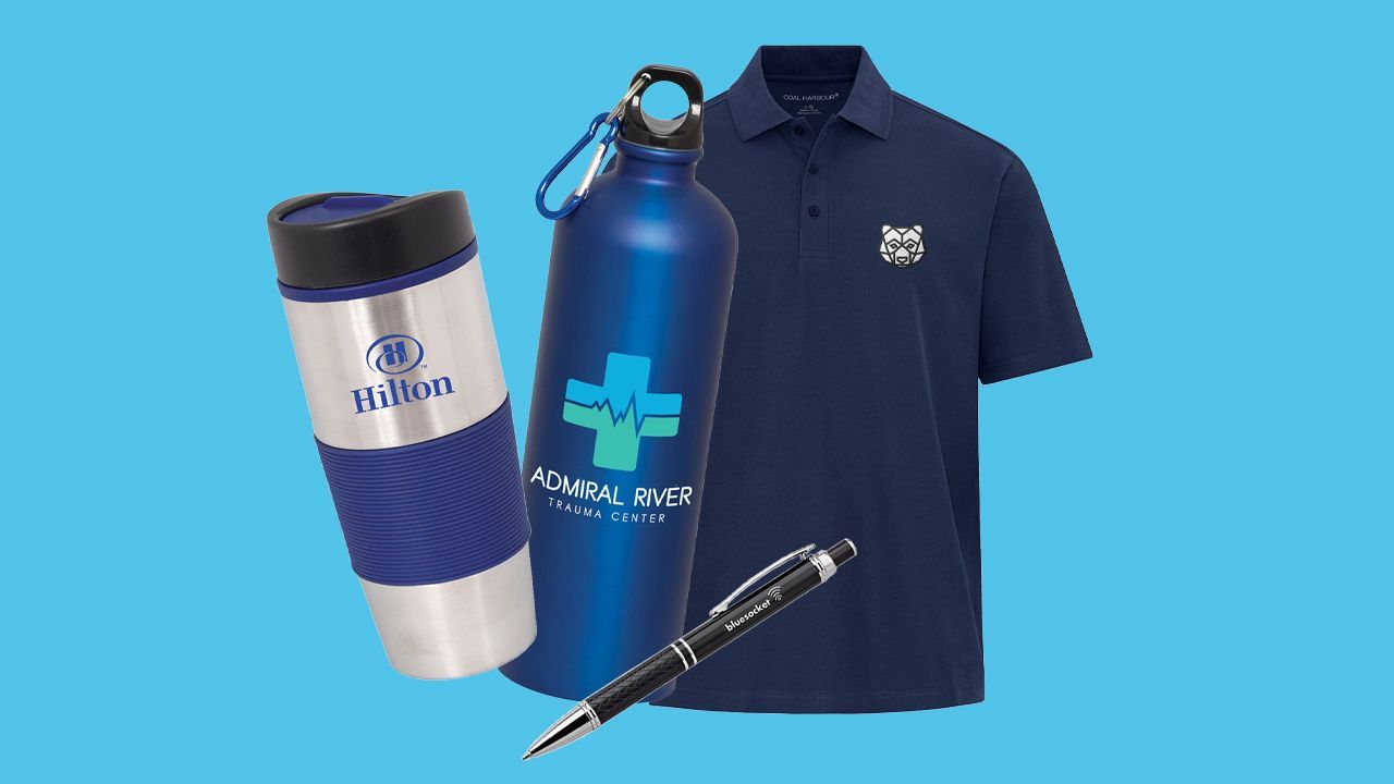 branded merchandise showing a polo shirt, coffee tumbler, water bottle, and pen