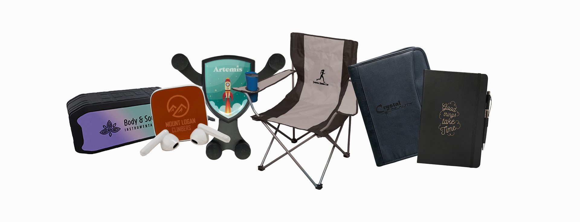 more branded products like lawn chairs, journals, earbuds, and speakers