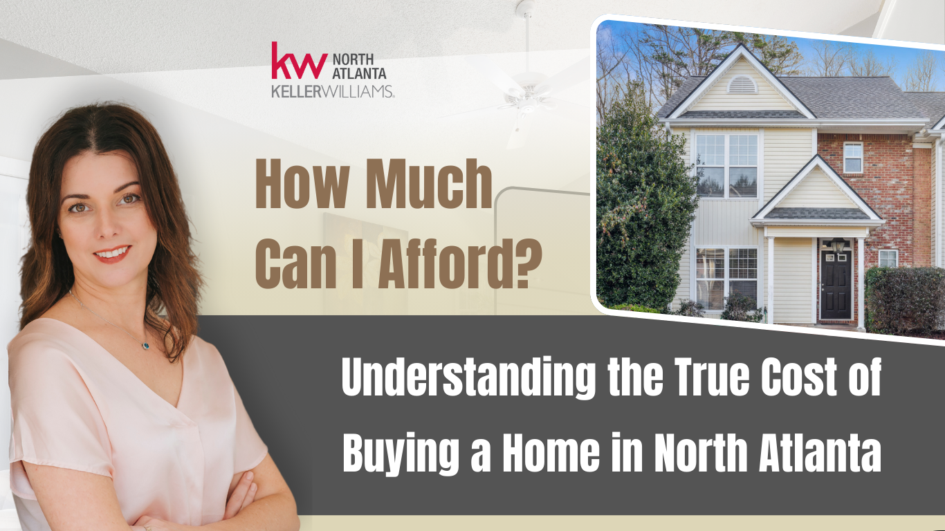 Real estate ad: Woman, logo, text 